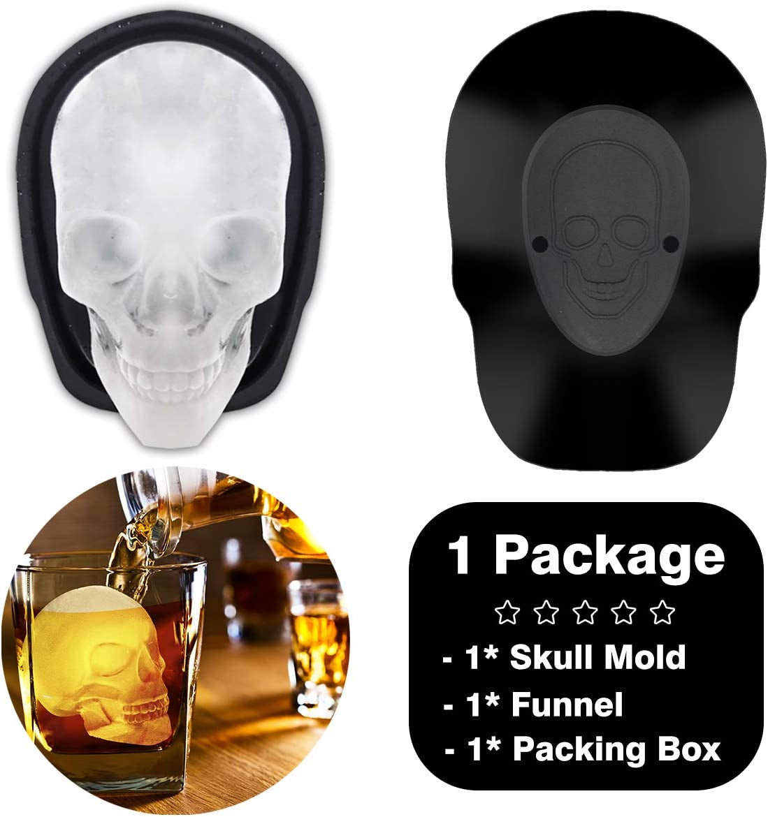 Extra Large 3D Skull Ice Cube Mold Silicone Ice Molds for Whiskey Skull Ice Cube Trays with Funnel for Big Mouth Cup Skull Ice Maker with Resin Chocolate Sugar Whiskey Ice Mold for Parties