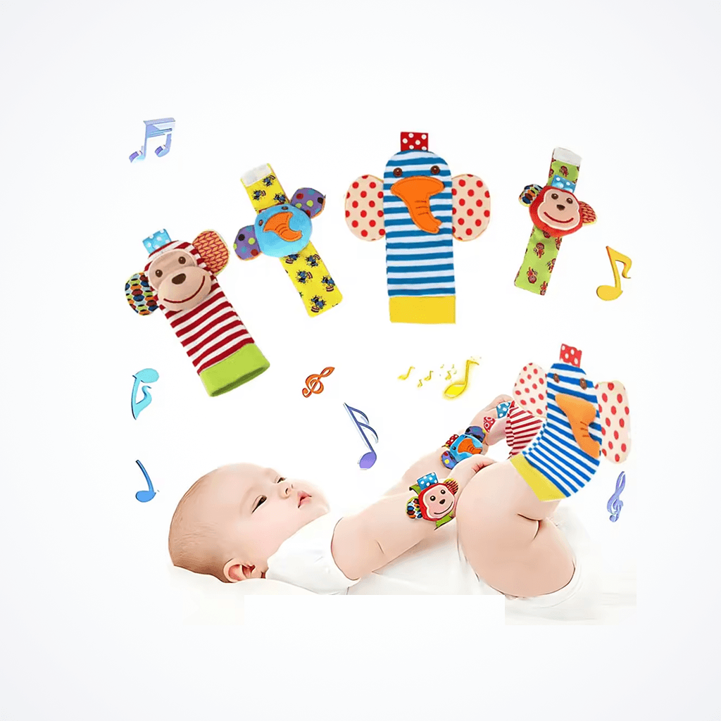 Baby Wrist & Foot Rattle Set – Boost Sensory Development (0–24 Months) soft plush animal wrist and foot rattles for infants