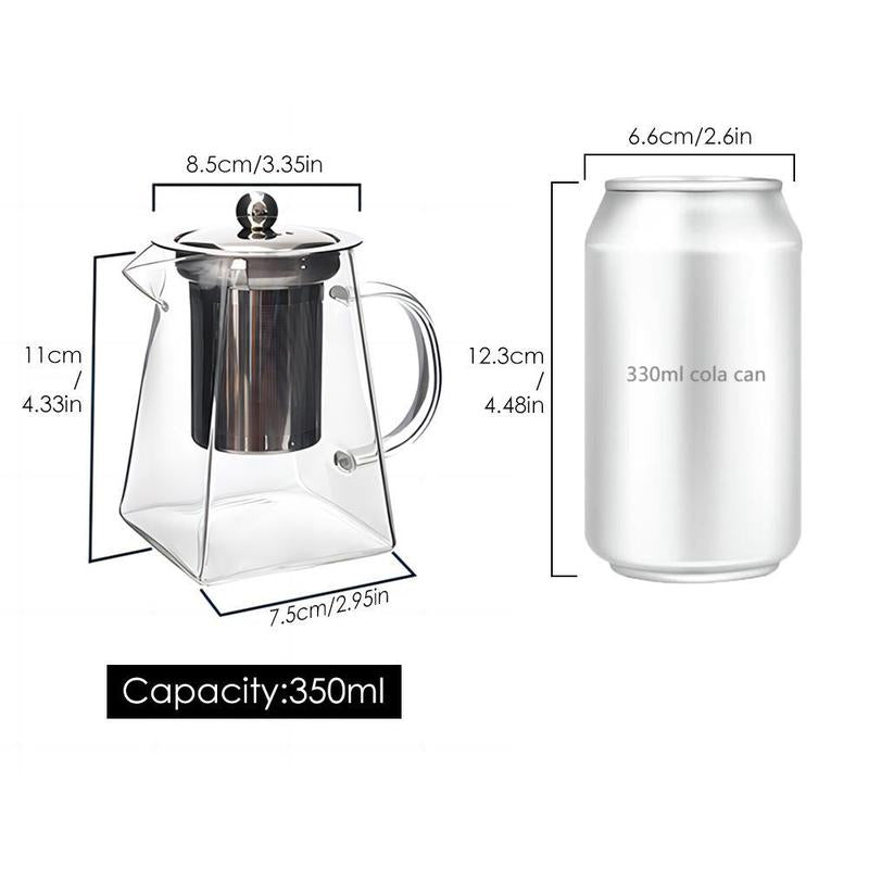Durable glass teapot set with dimensions and 350ml capacity displayed beside a standard 330ml cola can.