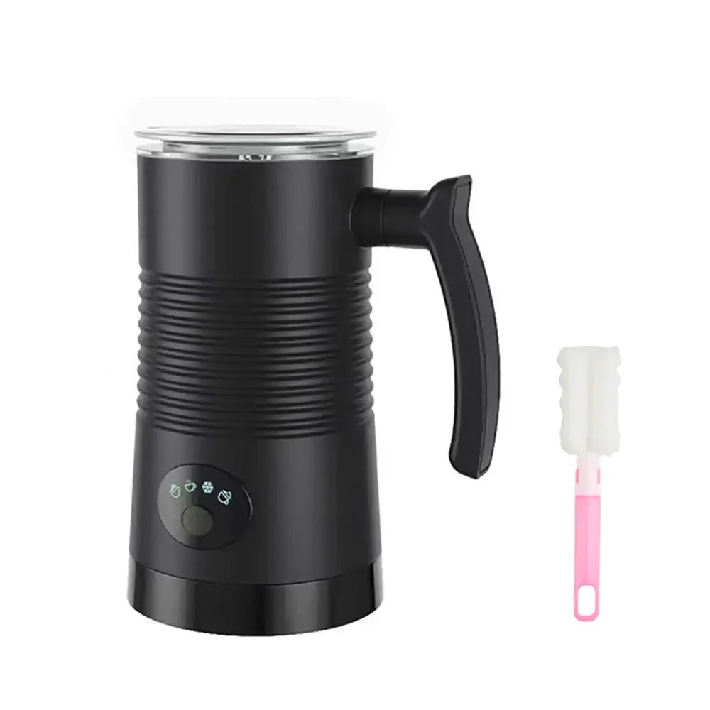Milk Frother - Café-Quality Foam In Seconds + 4-In-1 black electric automatic rotary milk frother with handle and cleaning brush