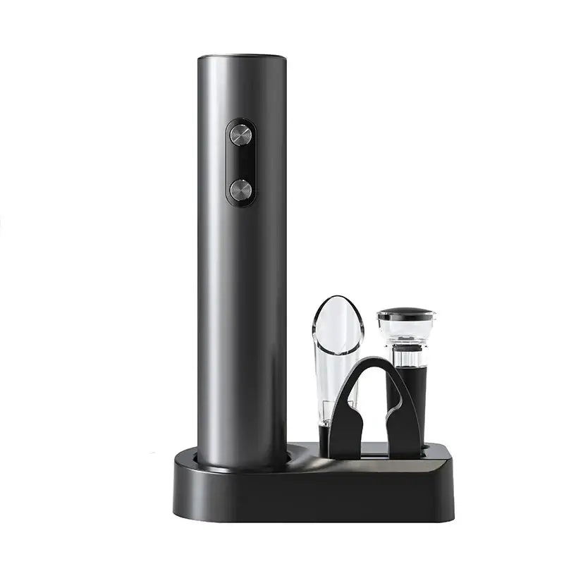 Electric wine opener set with automatic corkscrew, foil cutter, and aerator pourer on a sleek stand.