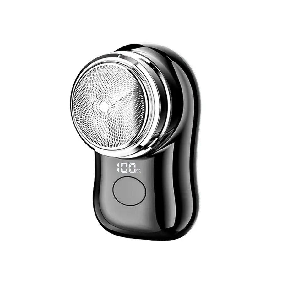 Rechargeable electric shaver for men featuring sleek stainless steel blade and digital battery indicator.