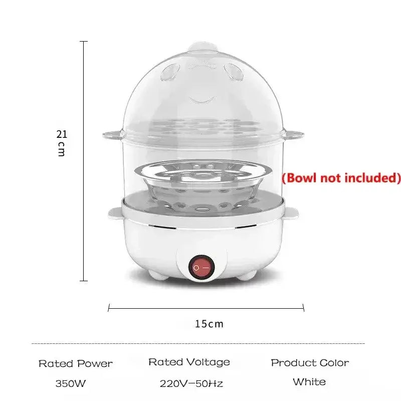 Image of a fast electric egg and veggie cooker with a double-layer design, showcasing dimensions and power specifications.
