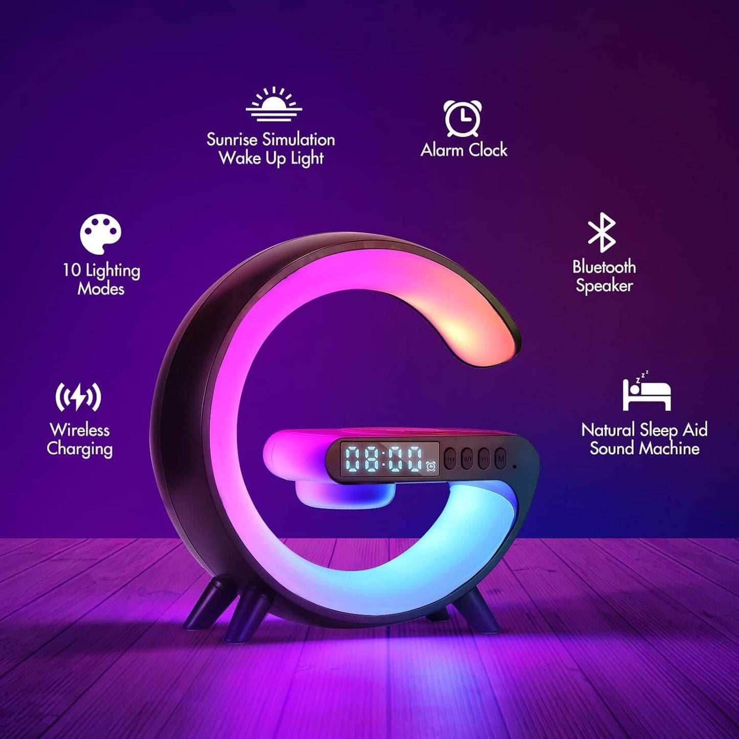 Mini G LED Cord-Free Desk Lamp with Wireless Charging and Speakers in colorful ambient light with features displayed.