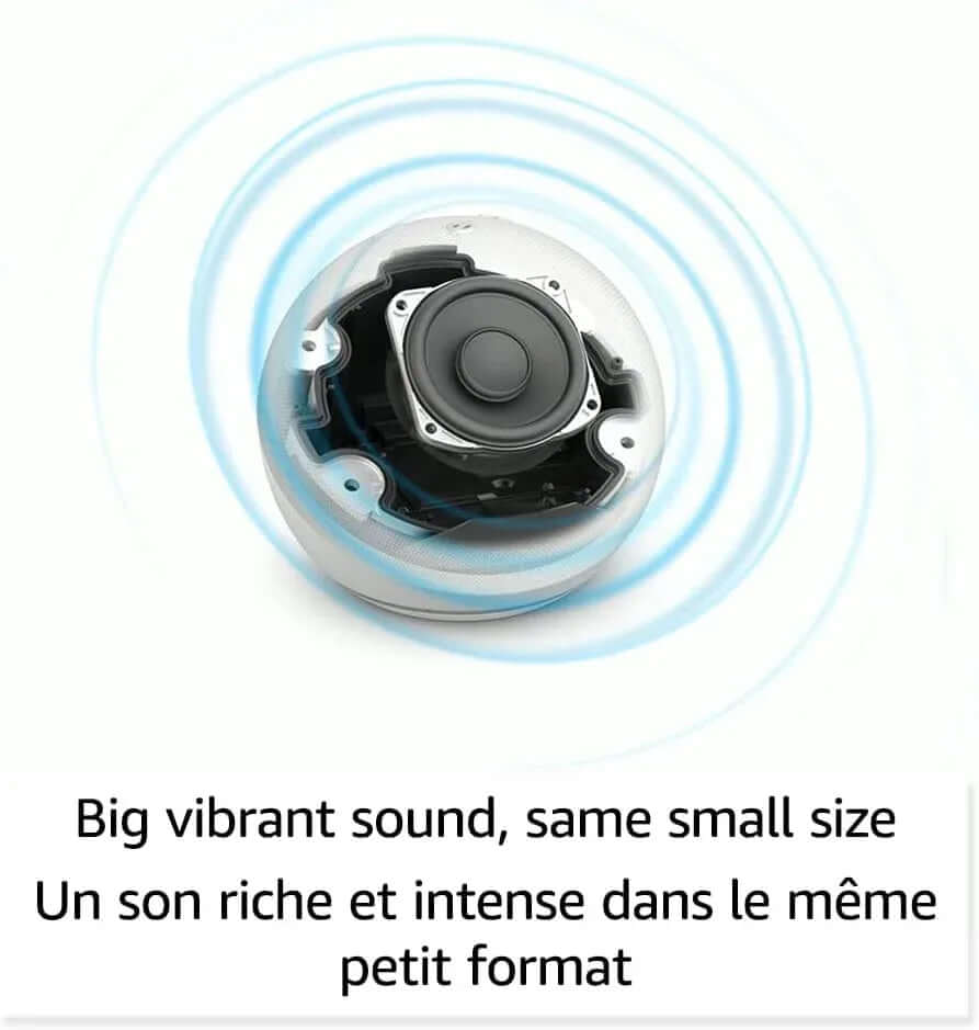Echo Dot 5th Gen smart speaker showcasing powerful speaker driver with sound waves emanating around.