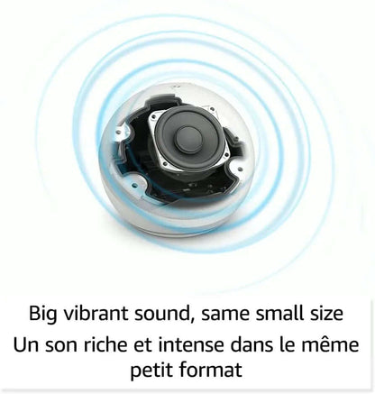 Echo Dot 5th Gen smart speaker showcasing powerful speaker driver with sound waves emanating around.