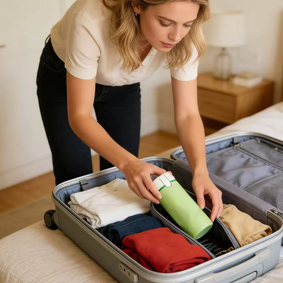 4 In 1 Travel Refillable Leak Proof Bottle Set 30ml green bottle packed in suitcase for family trips, leak‑proof 30ml travel bottles