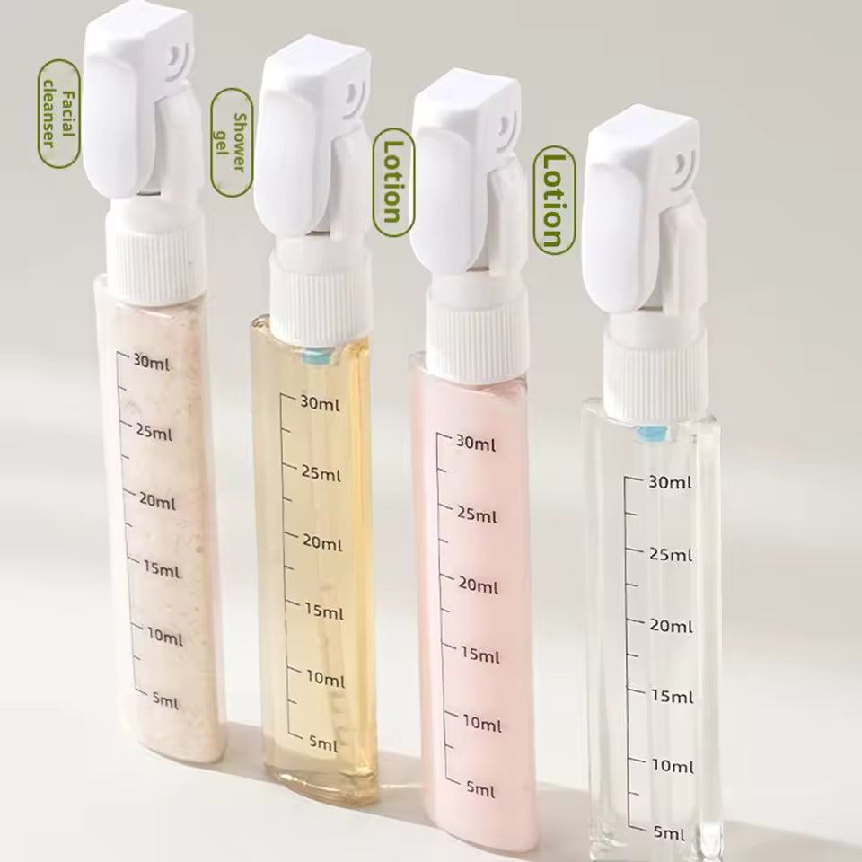 4 In 1 Travel Refillable Leak Proof Bottle Set 30ml - four 30ml leakproof travel bottles with pump for shampoo, lotion, sunscreen, toiletries