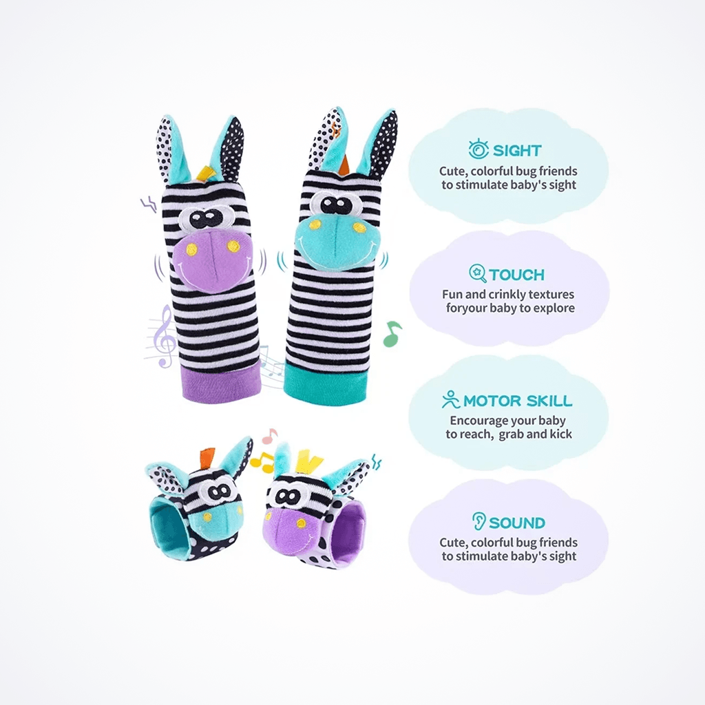Baby Wrist & Foot Rattle Set – Boost Sensory Development (0–24 Months) colorful plush animal wrist and foot rattles for baby