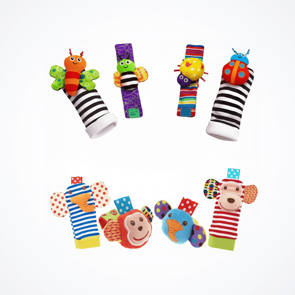 Baby Wrist & Foot Rattle Set – Boost Sensory Development (0–24 Months) colorful plush animal wrist and foot rattles for infants