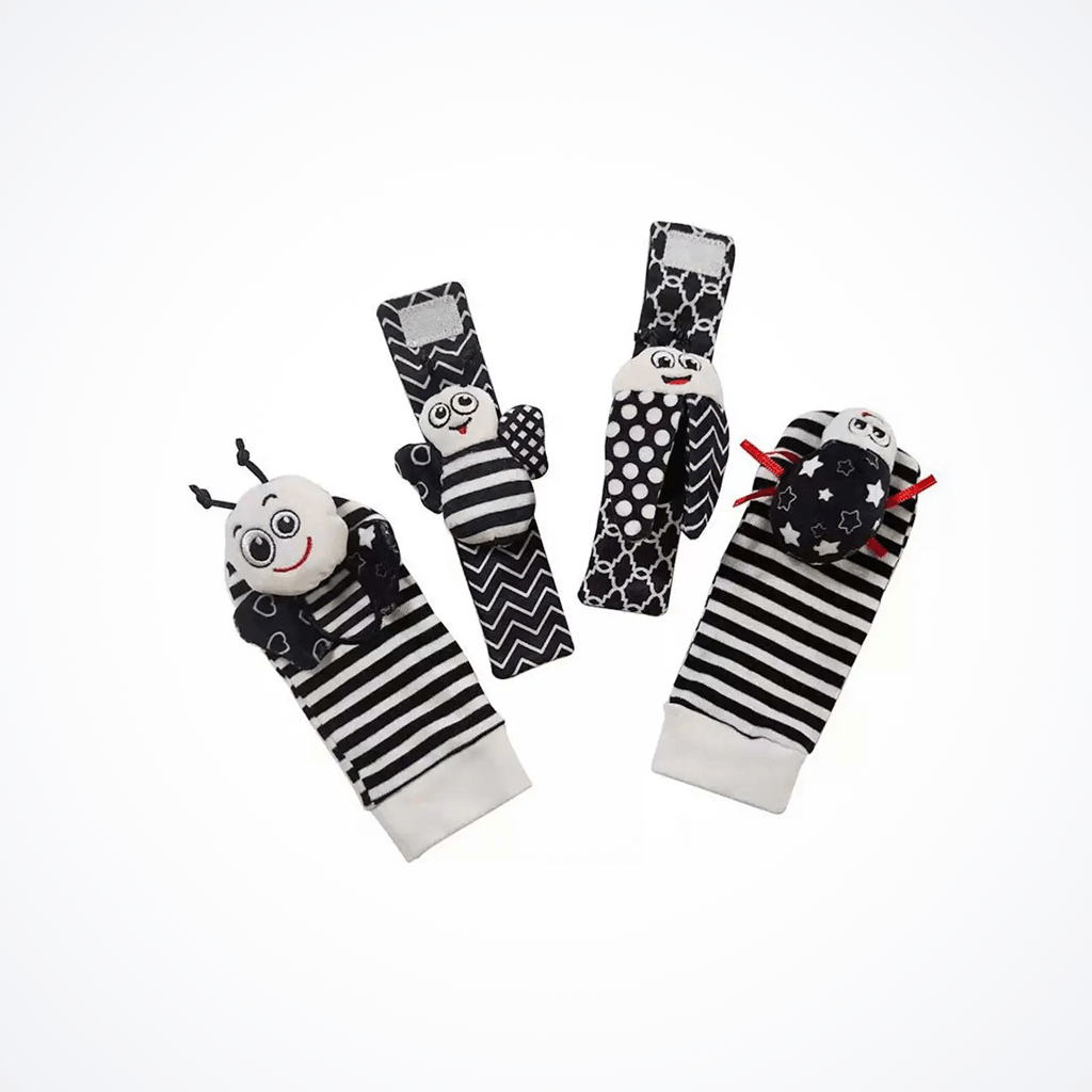 Baby Wrist & Foot Rattle Set – Boost Sensory Development (0–24 Months) plush black-and-white animal wrist and foot rattles set