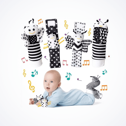Baby Wrist & Foot Rattle Set – Boost Sensory Development (0–24 Months) plush animal wrist and foot rattles in black and white