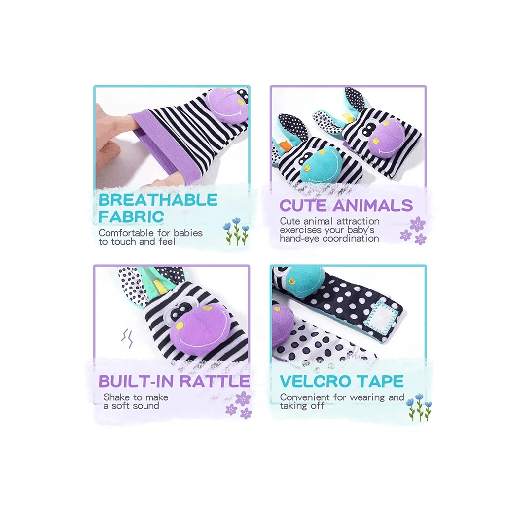 Baby Wrist & Foot Rattle Set – Boost Sensory Development (0–24 Months) plush animal wrist and foot rattles breathable fabric velcro tape
