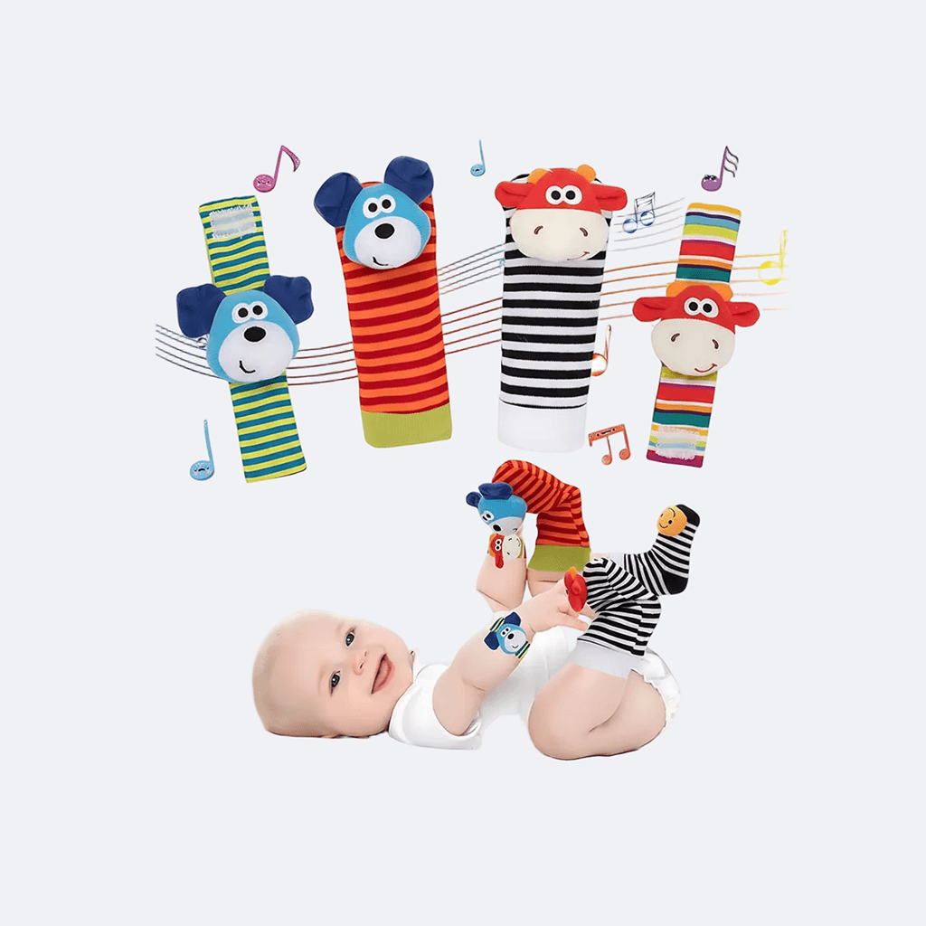 Baby Wrist & Foot Rattle Set – Boost Sensory Development (0–24 Months) plush animal wrist and foot rattles on baby