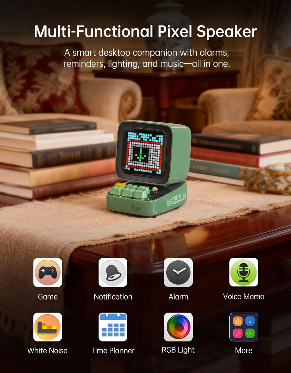 Ditoo Programmable Pixel Art Led-Bluetooth-Speaker Showing-Clock Emoji DIY Design for Home Wedding Party Decoration with Wireless App Control (Green)