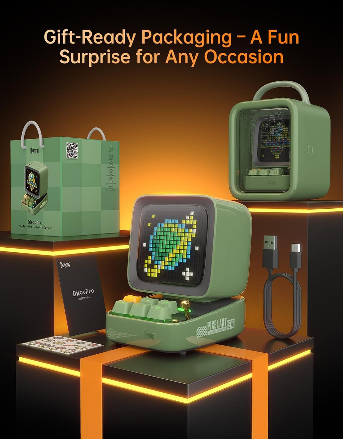 Ditoo Programmable Pixel Art Led-Bluetooth-Speaker Showing-Clock Emoji DIY Design for Home Wedding Party Decoration with Wireless App Control (Green)