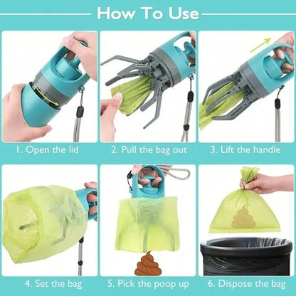How to use a no touch dog poop picker upper: opening, bagging, and disposing of pet waste.