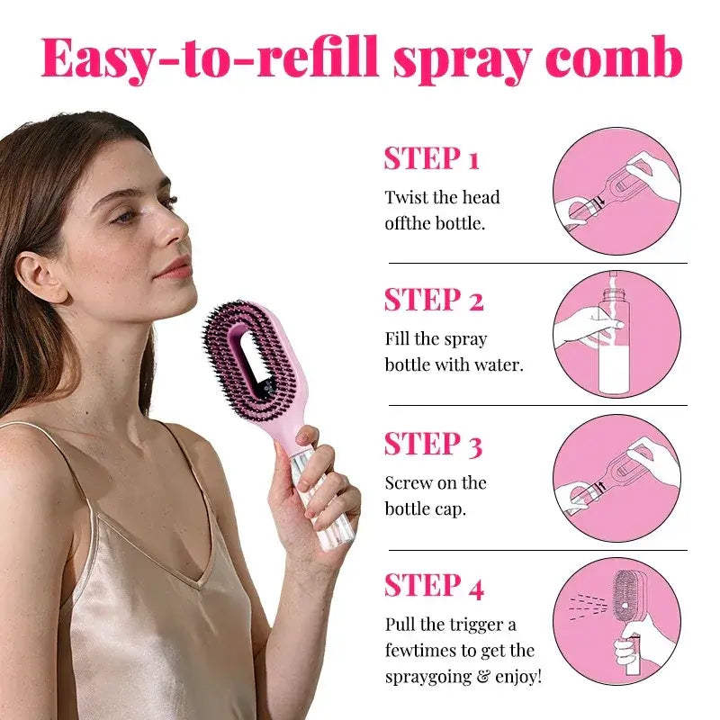 2-in-1 Spray Comb – Pain-Free Detangling for Smooth Hair shown being refilled and used with step-by-step refill and spray instructions