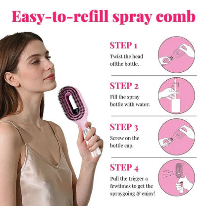 2-in-1 Spray Comb – Pain-Free Detangling for Smooth Hair shown being refilled and used with step-by-step refill and spray instructions