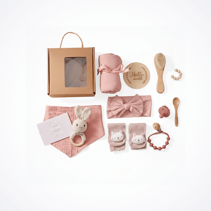 Baby bath gift set with milestone cards and wooden brush featuring pink blanket, wooden brush, milestone disc, socks and toys