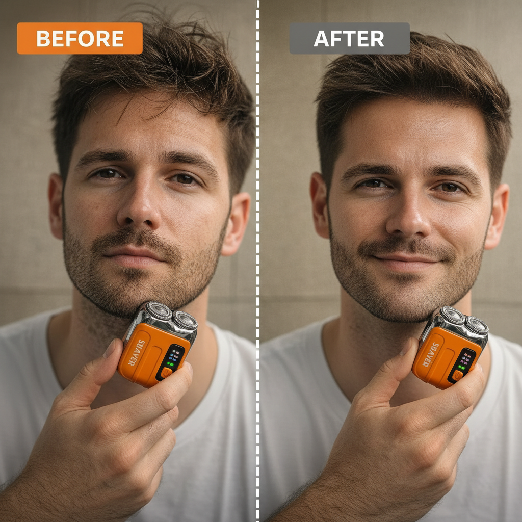 Before and after comparison of a man using an electric razor.