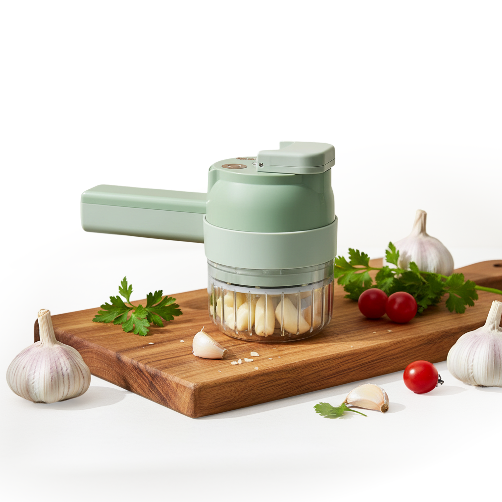 4-in-1 portable food processor for chopping garlic and herbs on a wooden cutting board