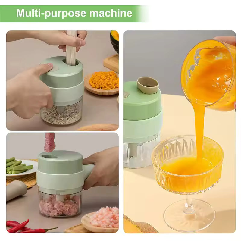 Compact & Powerful – 4-in-1 Portable Food Chopper USB Rechargeable handheld multi-purpose kitchen cutter dicing mincing slicing