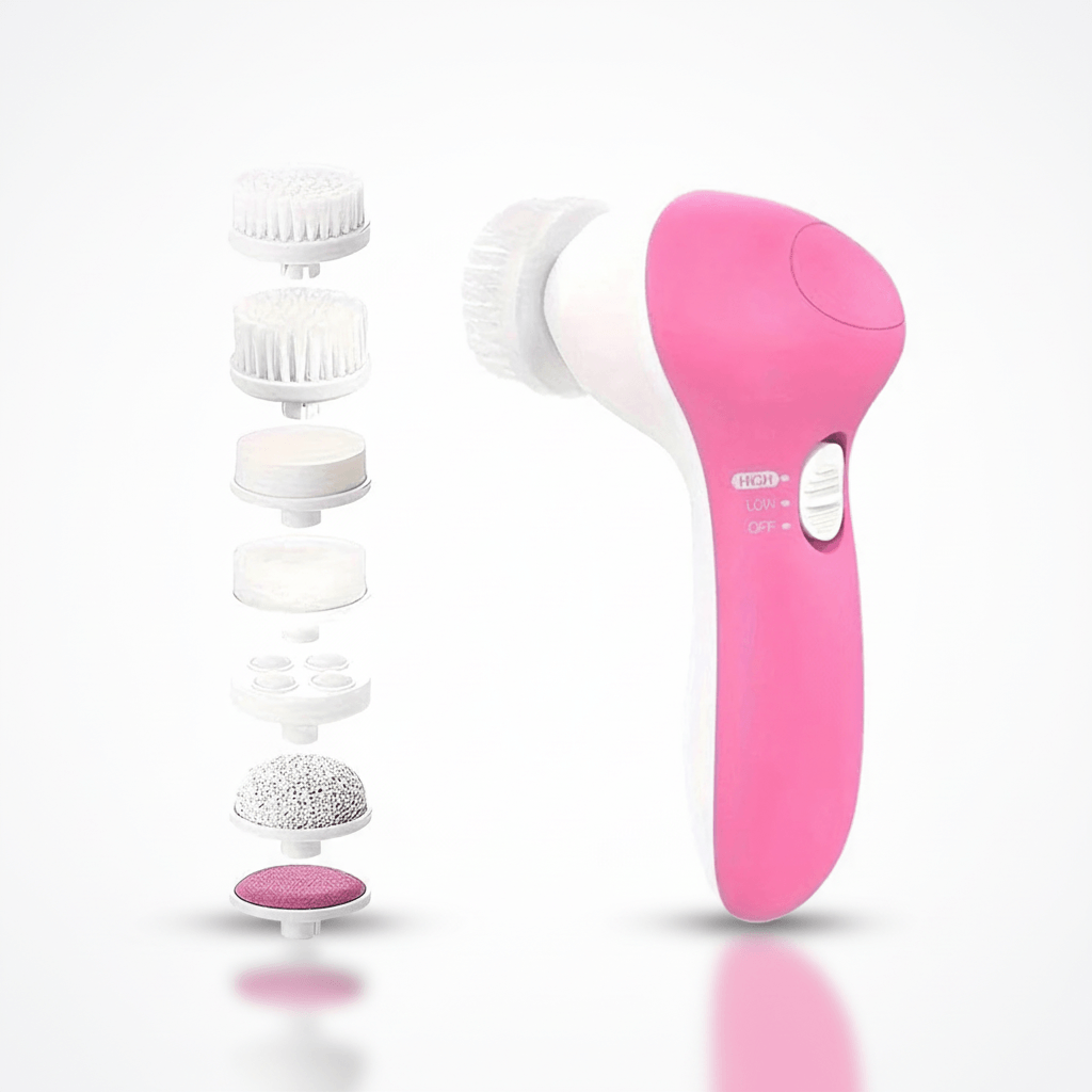 5-in-1 Electric facial cleansing brush and massager in pink with five interchangeable heads for deep cleansing and massage