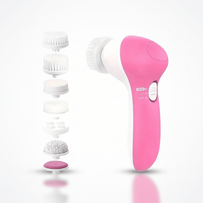 5-in-1 Electric facial cleansing brush and massager in pink with five interchangeable heads for deep cleansing and massage