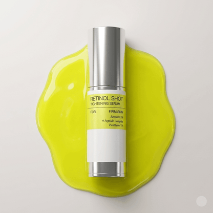 Korean retinol tightening serum bottle on yellow serum drop, promoting firm and radiant skin.