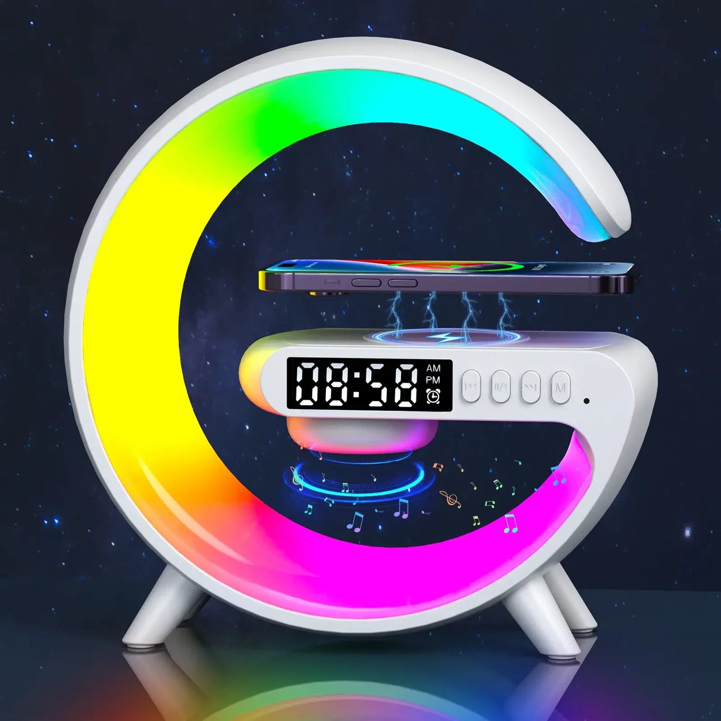 Mini G LED Cord-Free Desk Lamp with Wireless Charging and Speakers showcasing RGB colors and Bluetooth speaker features.