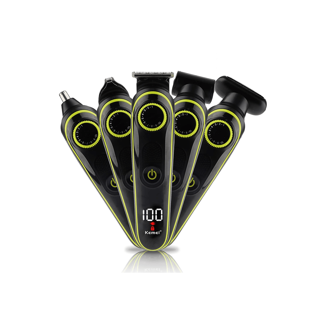 Kemei KM-696 men's grooming kit featuring 6 interchangeable nozzles for versatile hair trimming.