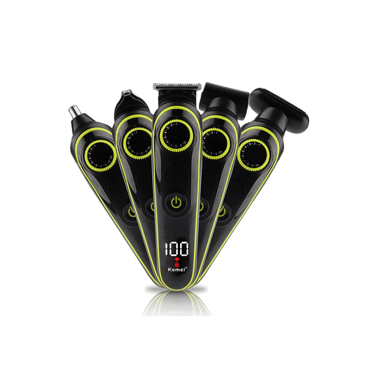 Kemei KM-696 men's grooming kit featuring 6 interchangeable nozzles for versatile hair trimming.