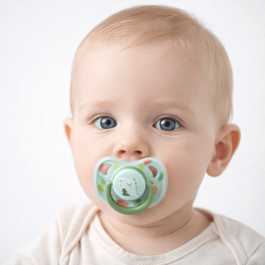 Baby Pacifier Silicone Standard Mouth BPA-Free For Newborns – Mess-Free On-The-Go + Portable Box, 2pcs green silicone pacifier in baby’s mouth