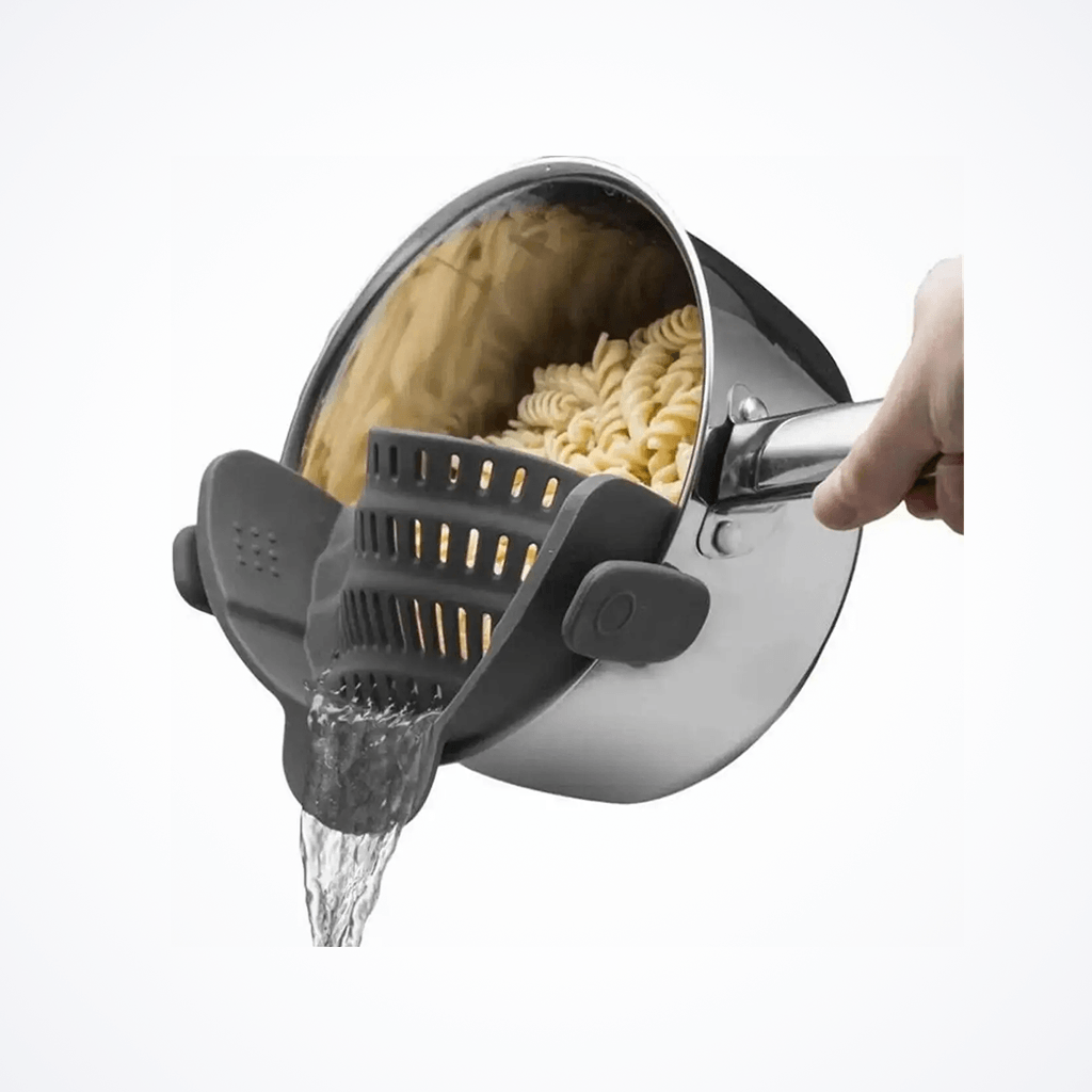 Pot Strainer – Mess-Free Draining + Clip-On Adjustable Stainless Steel clamped on pot draining pasta with water flow