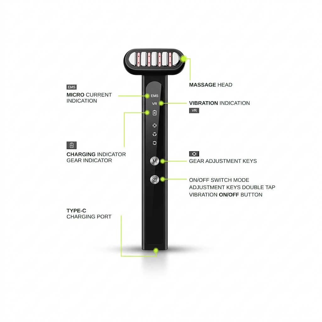 Red Light Therapy Wand for Face & Anti-Aging Device showing features like massage head, controls, and charging port.