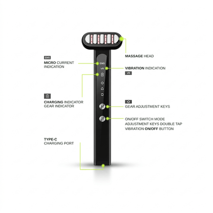 Red Light Therapy Wand for Face & Anti-Aging Device showing features like massage head, controls, and charging port.
