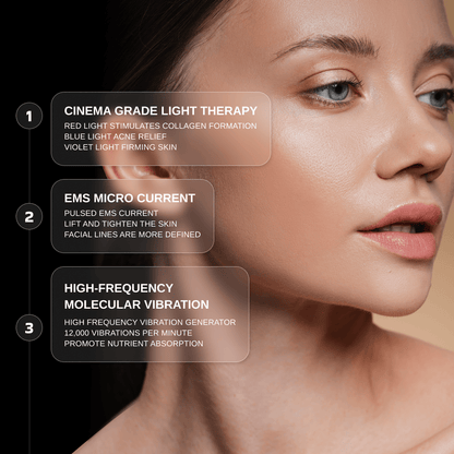 Red Light Therapy Wand for Face & Anti-Aging Device features cinema grade light therapy, EMS micro current, and high-frequency vibration.
