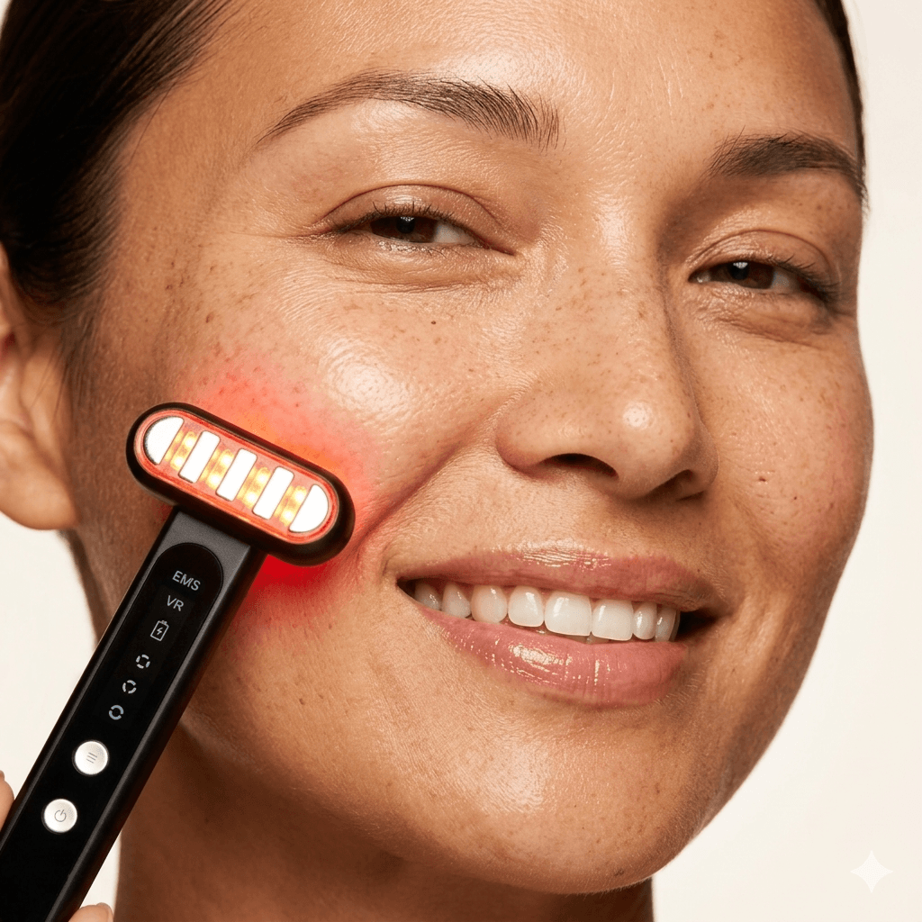 Woman using Red Light Therapy Wand for Face & Anti-Aging Device on her cheek for skincare.