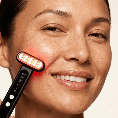 Woman using Red Light Therapy Wand for Face & Anti-Aging Device on her cheek for skincare.