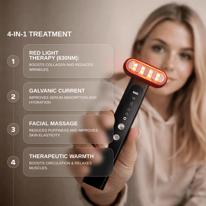 Red Light Therapy Wand for Face & Anti-Aging Device showcased in a 4-in-1 treatment for skincare benefits.