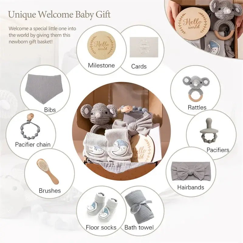 Baby bath gift set with milestone cards and wooden brush showcased with blanket, bibs, rattles, pacifiers and bath towel