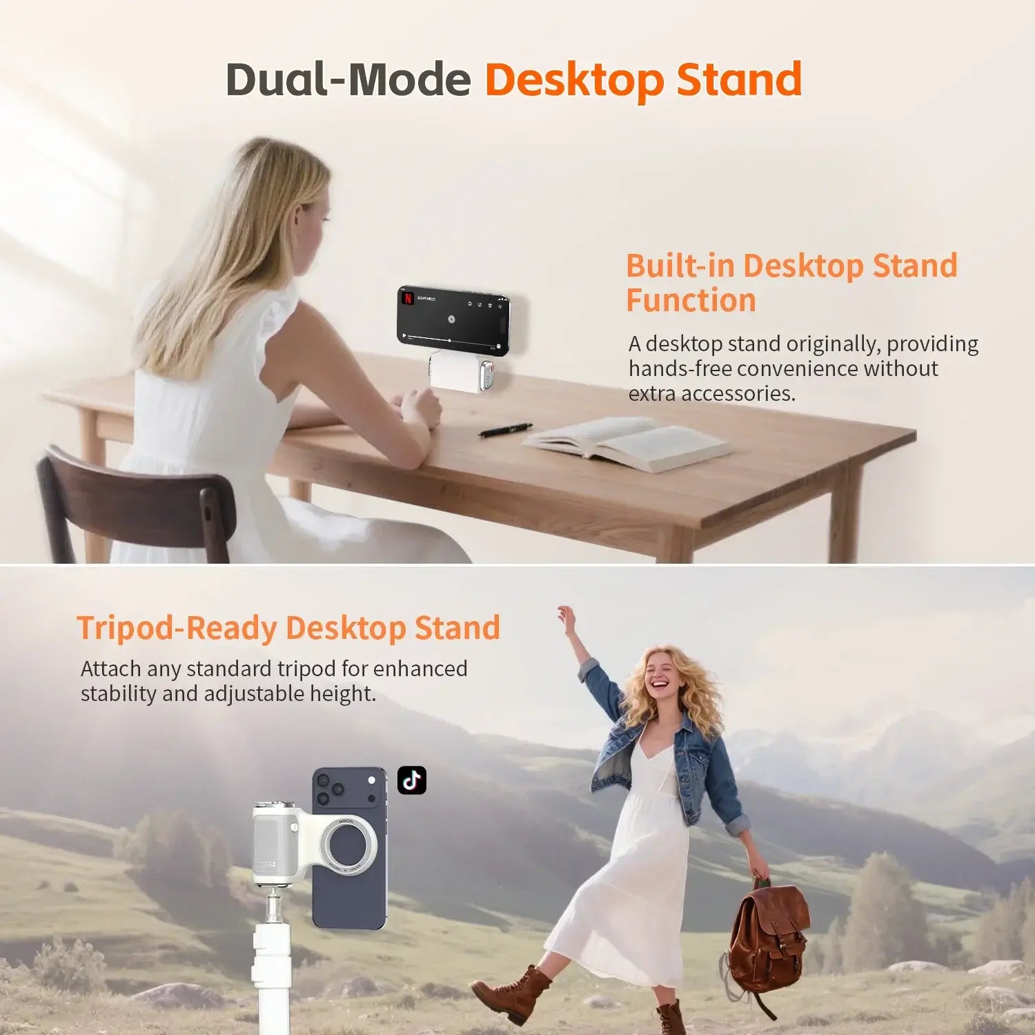 Magnetic Phone Grip With Remote Control and Handle Stabilizer showing desktop stand and tripod-ready use