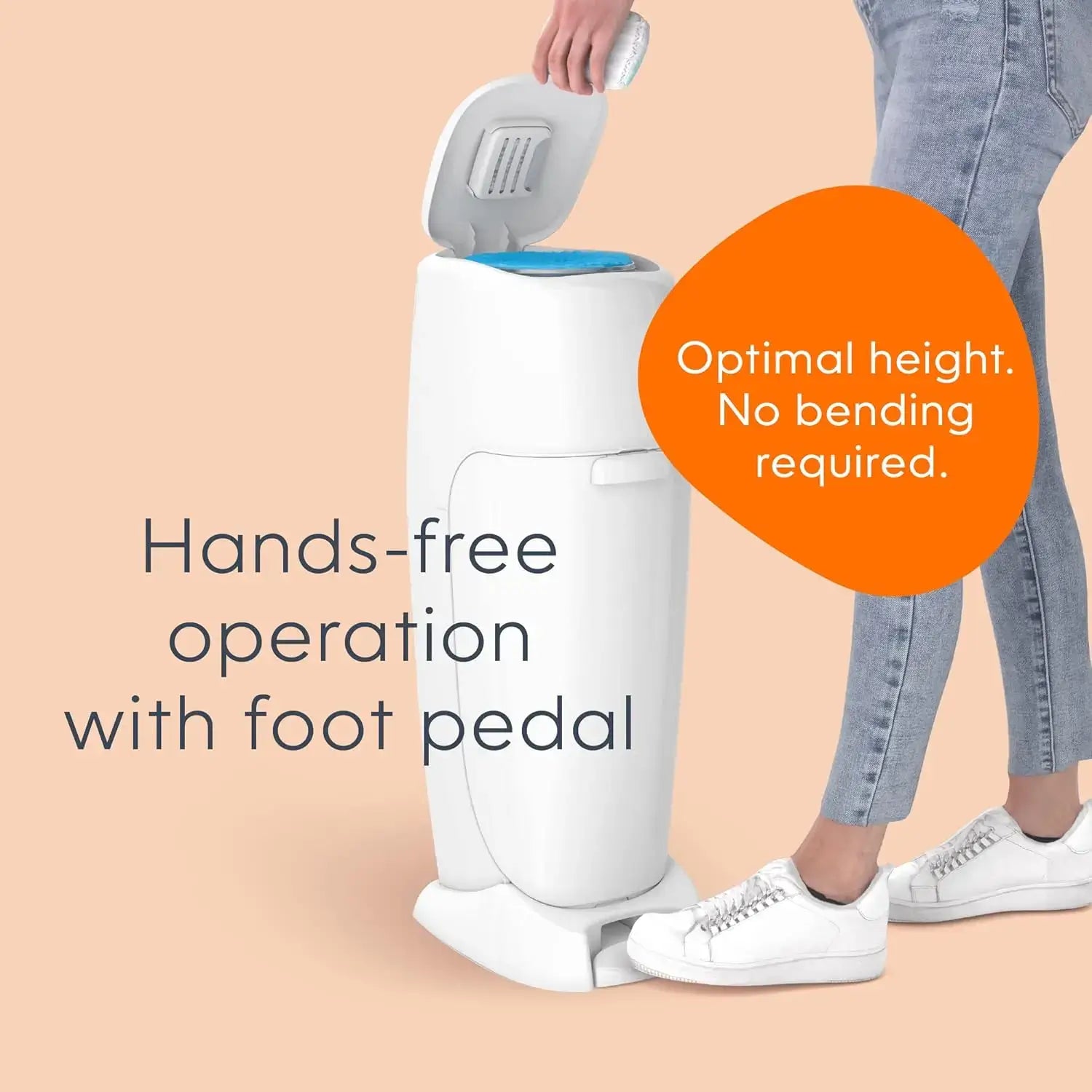 Diaper Pail – Odor-Control + Foot Pedal, Includes Refill Bag for 270 Diapers, White showing hands-free foot-pedal operation and open lid