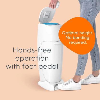 Diaper Pail – Odor-Control + Foot Pedal, Includes Refill Bag for 270 Diapers, White showing hands-free foot-pedal operation and open lid