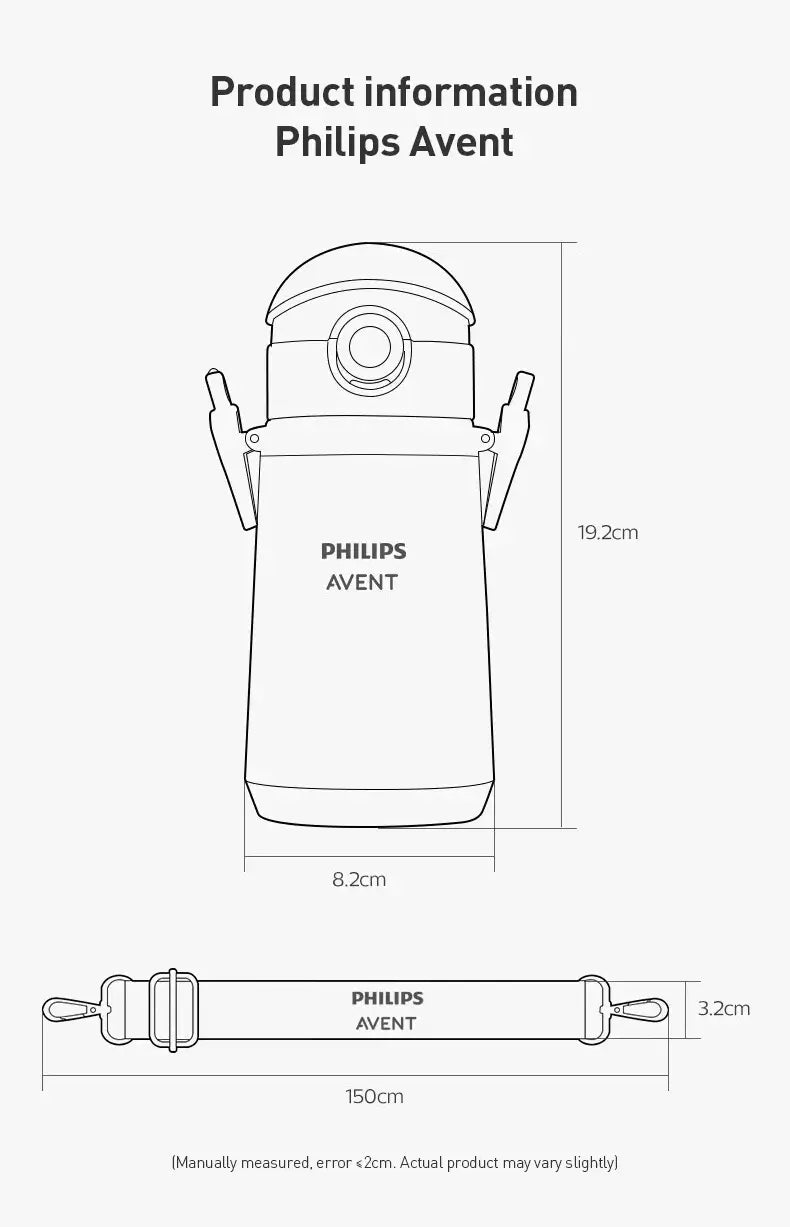 Diagram of Avent Kids Vacuum Bottle For All-Day Temperature Control dimensions and product information.