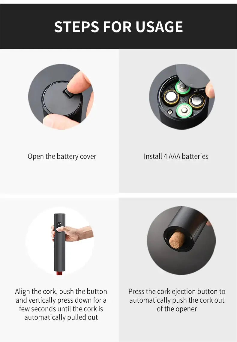 Steps for usage of electric wine opener set: battery installation and cork removal process.