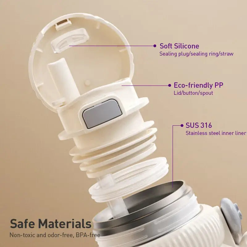 Avent Kids Vacuum Bottle For All-Day Temperature Control components showcasing soft silicone, eco-friendly PP, and SUS 316 stainless steel.