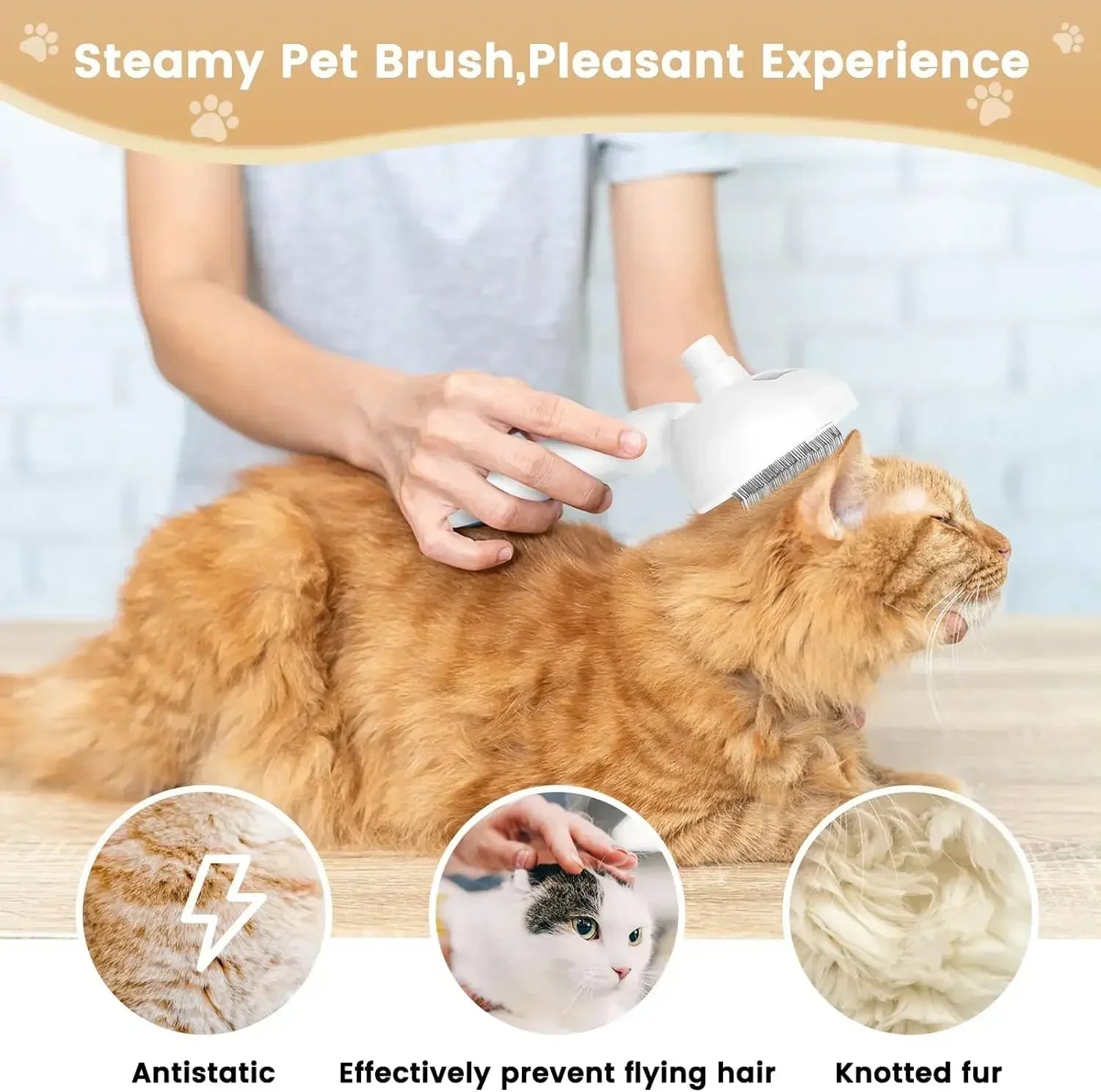 Multifunctional pet grooming tool in use on a fluffy orange cat, featuring steam spray hair removal.