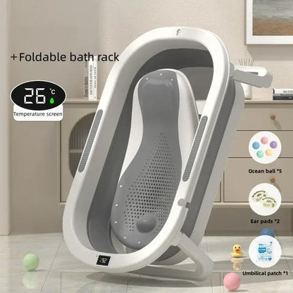 Foldable baby bath tub with temperature screen and foldable bath rack for toddlers